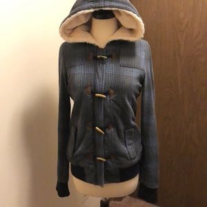 Roxy Hooded Jacket Blue And Black Plaid Fully Lined Zip/Toggles Size XS